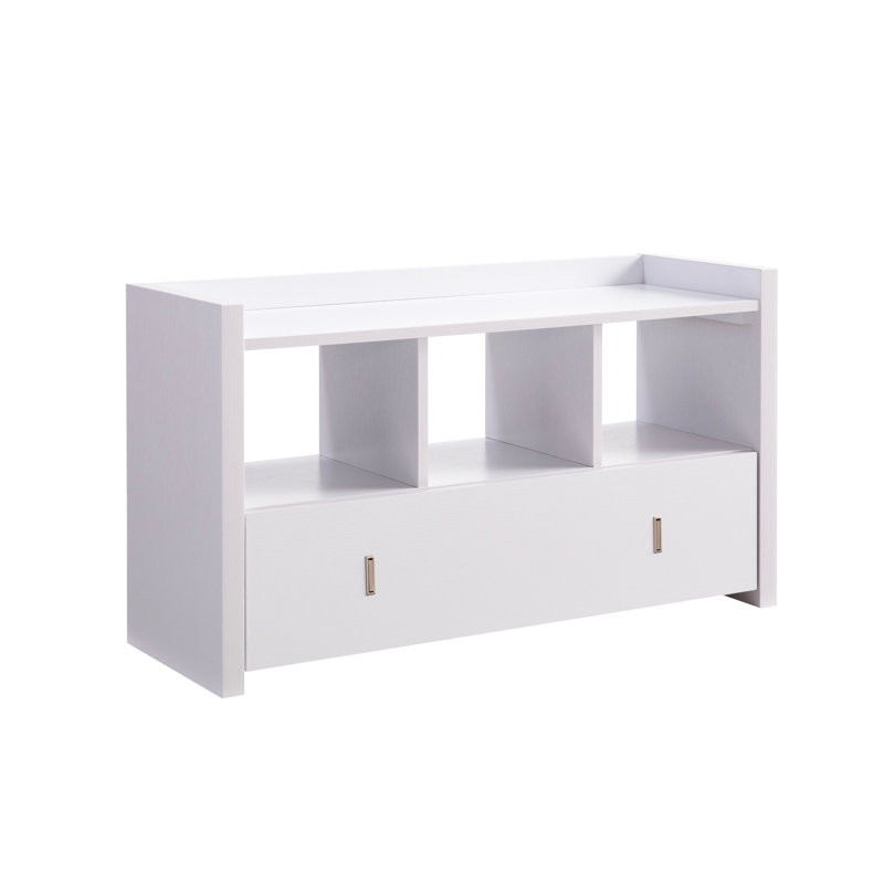 Banc à chaussures blanc avec trois tablettes et un tiroir de rangement