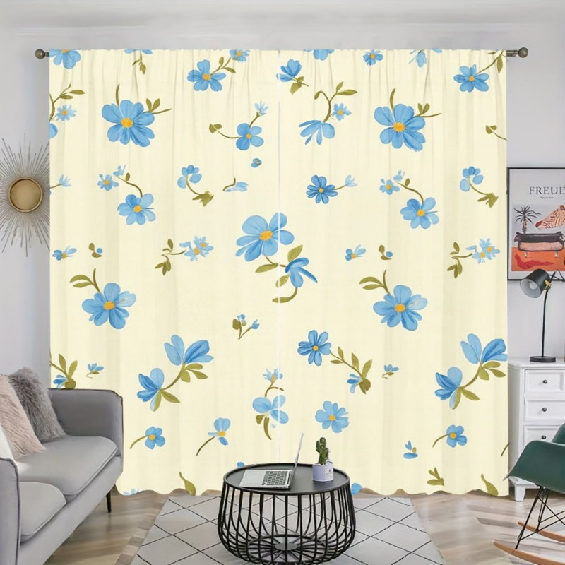 2 pièces de rideaux floraux bleus, fond jaune, rideaux de fenêtre avec passe-tringle, décoration de fenêtre de style romantique