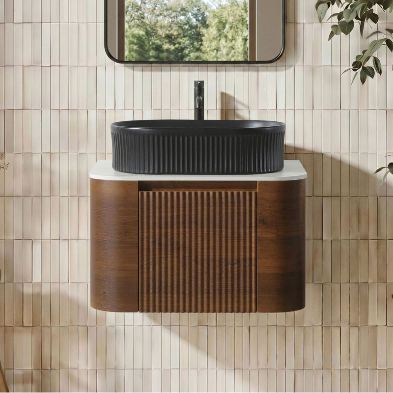 Meuble-lavabo flottant 24 po avec lavabo vasque et porte-serviettes 24 po, Walnut, Noir