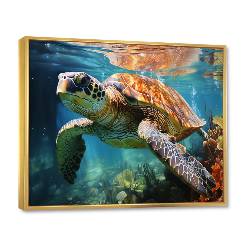 Tortue verte et bleue, animaux marins, art mural, H 16 po x l 32 po x P 1 po, Cadre flottant doré