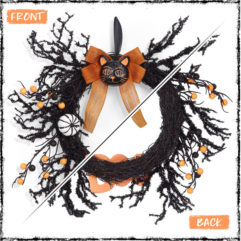 Couronne d'Halloween de 45 cm (18 pouces) – Anneau en rotin noir avec motifs de chat et de citrouille