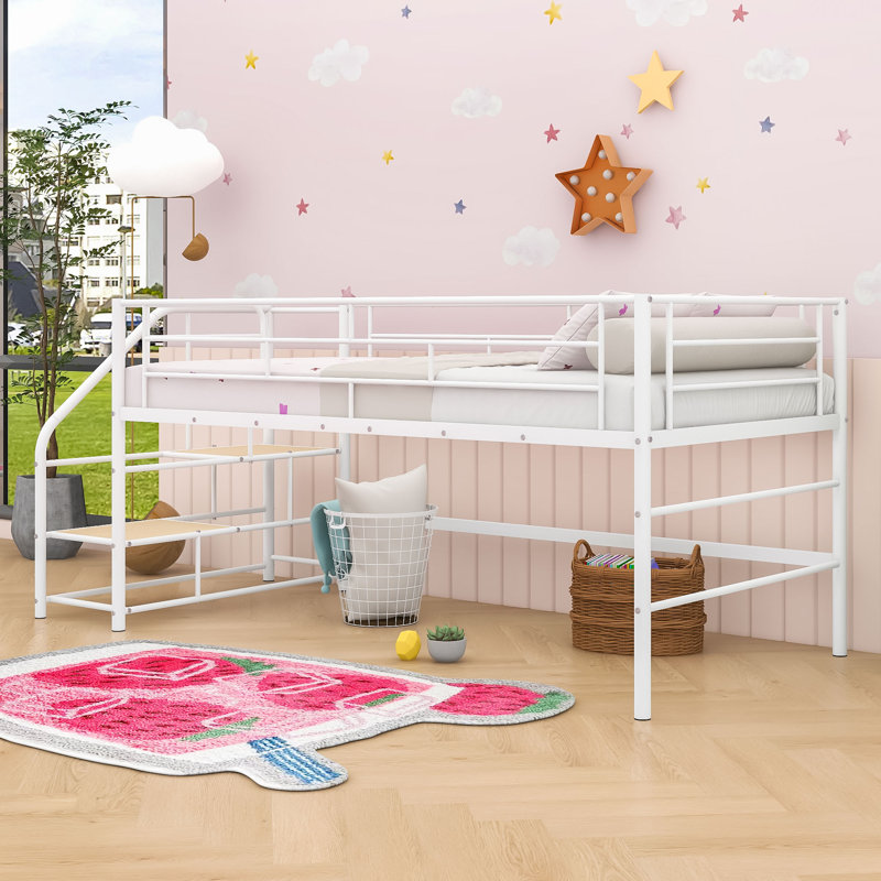 Twin Metal Mid Loft Bed with Stairscase and Guardrails, Black