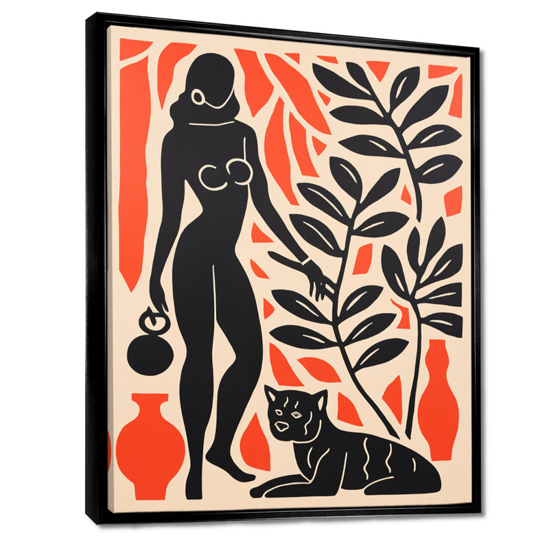 «Retro African Woman with Black Cat Botanical», reproduction d'art mural africain, Cadre flottant noir, H 32 po x l 16 po