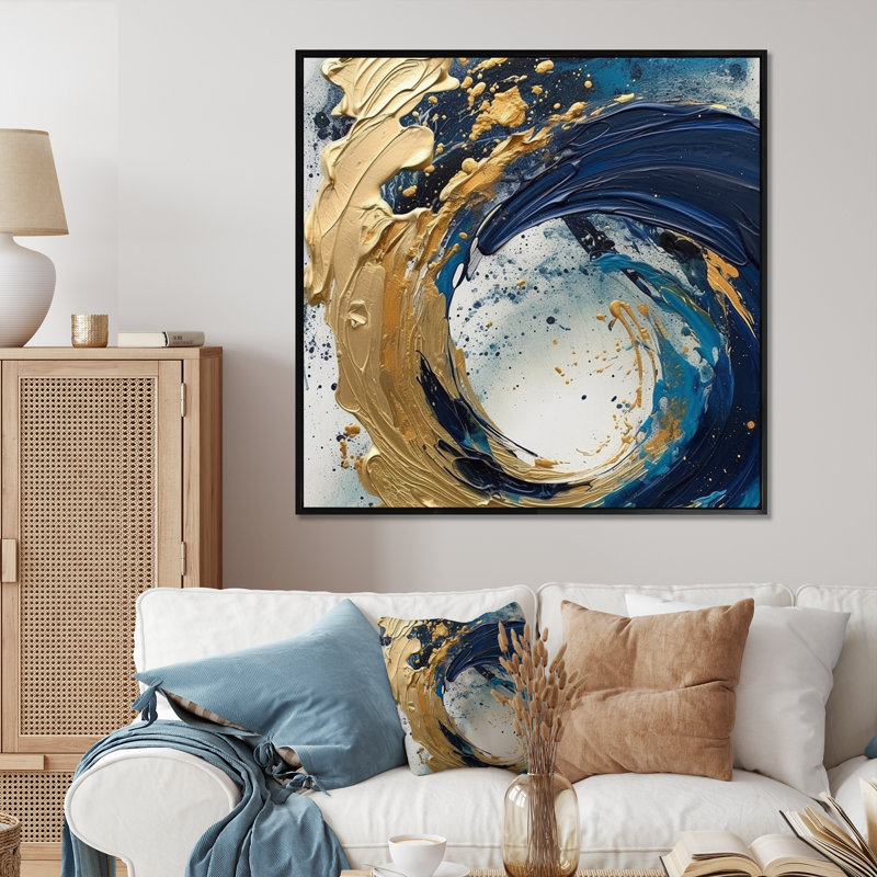 Art mural abstrait bleu foncé et or VI - VI, H 36 po x l 36 po x P 1,5 po, Cadre flottant noir