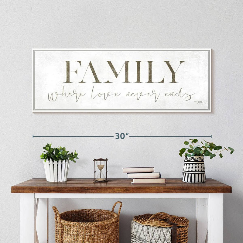 Plaque murale «Family Where Love Never Ends», Cadre flottant blanc, 31" X 11"