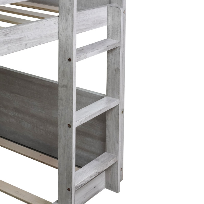 Twin Over Twin Solid Wood Floor Bunk Bed with Panelled Headboard and Footboard, Antique White