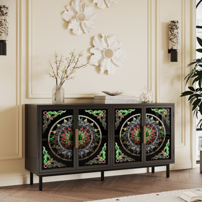 Armoire d'art 60,3 "avec verre peint et cadre noir, idéale pour le rangement dans la salle à manger, le salon ou les chambres