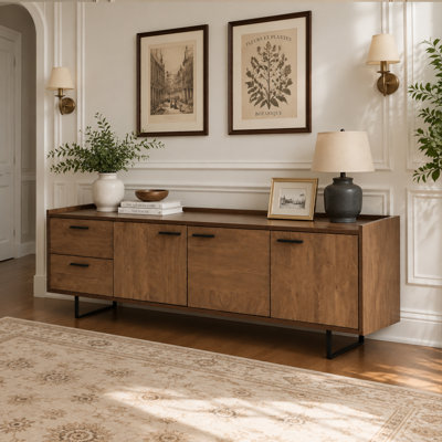 Meuble télé 70,86 po Mid-Century en noyer moderne avec 2 tiroirs et 3 portes, centre de divertissement avec tablettes fixes pour téléviseur de 80 po ou moins