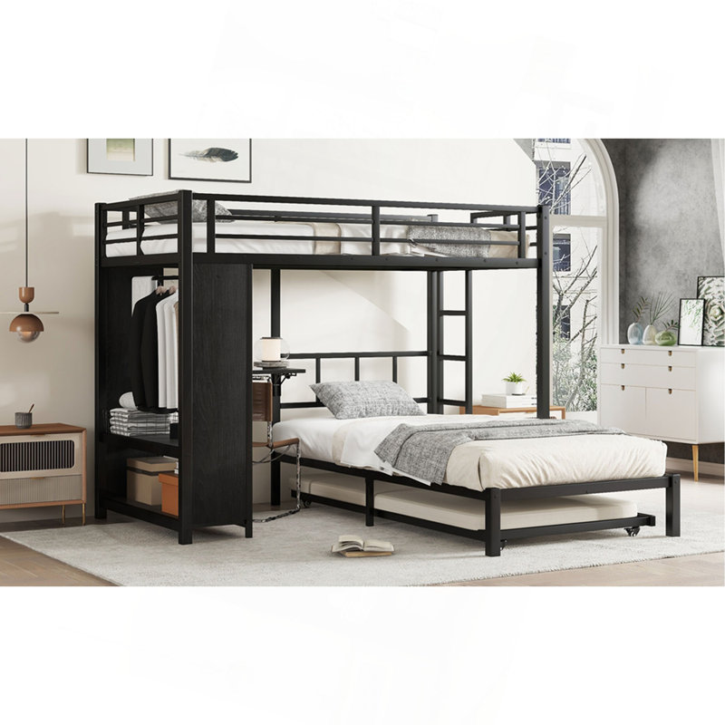 Lit superposé simple au-dessus de simple avec garde-robe intégré, lit superposé en métal avec lit gigogne, bureau pliable, échelles, conception à réduction de bruit, noir