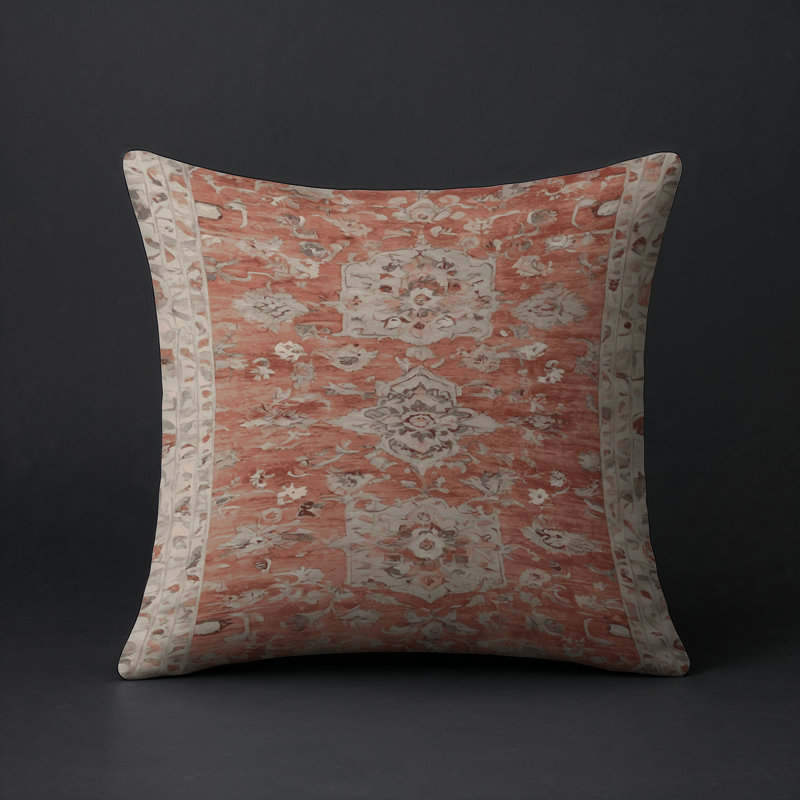 Coussin décoratif intérieur et extérieur Modern, Carré 16 po, Terre cuite / beige / ivoire damassé 1