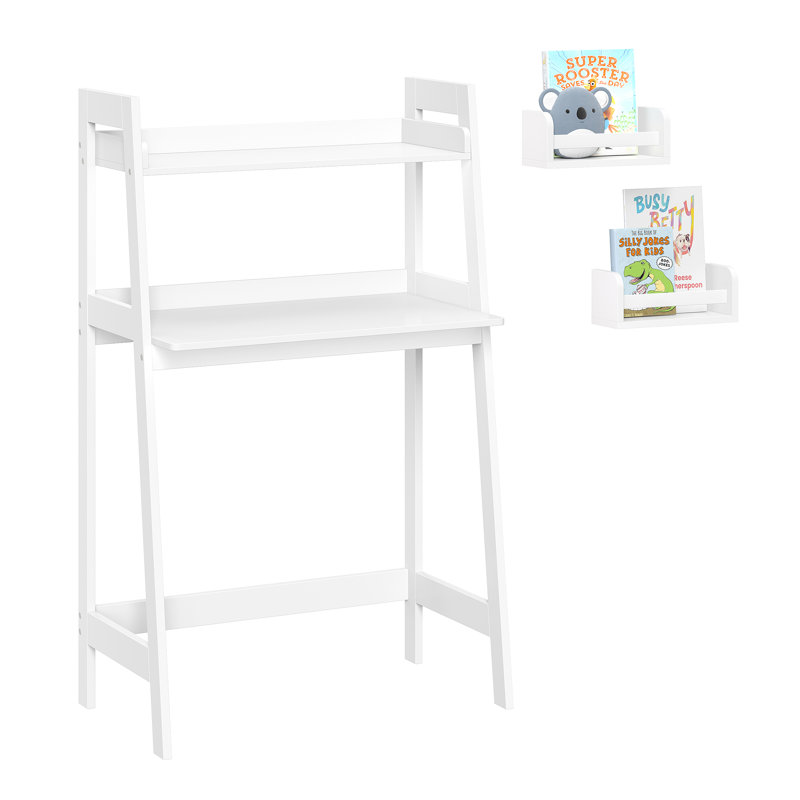 RiverRidge Kids Art Table Desk with Ladder Shelf and Open Storage Shelf for Playroom - White with 2 10" Floating Bookshelves