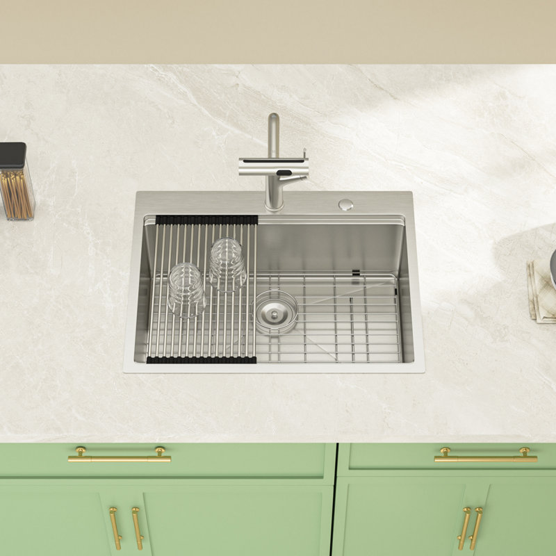 28''L x 22''W Drop-In Stainless Steel Kitchen Sink , Workstation Single Bowl Kitchen Sink with Sink Grid, Strainer, Cutting Board, Colander and Roll-up Rack 