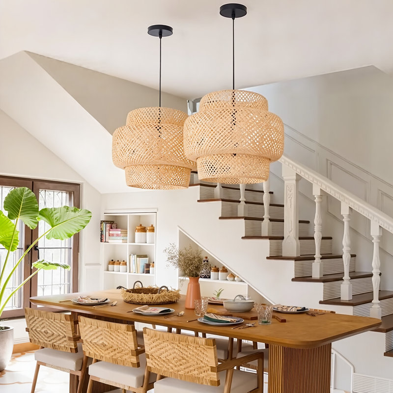 Luminaire suspendu géométrique à 1 lumière Keaney, Naturel, H 14,96 po x l 14,96 po x P 14,96 po