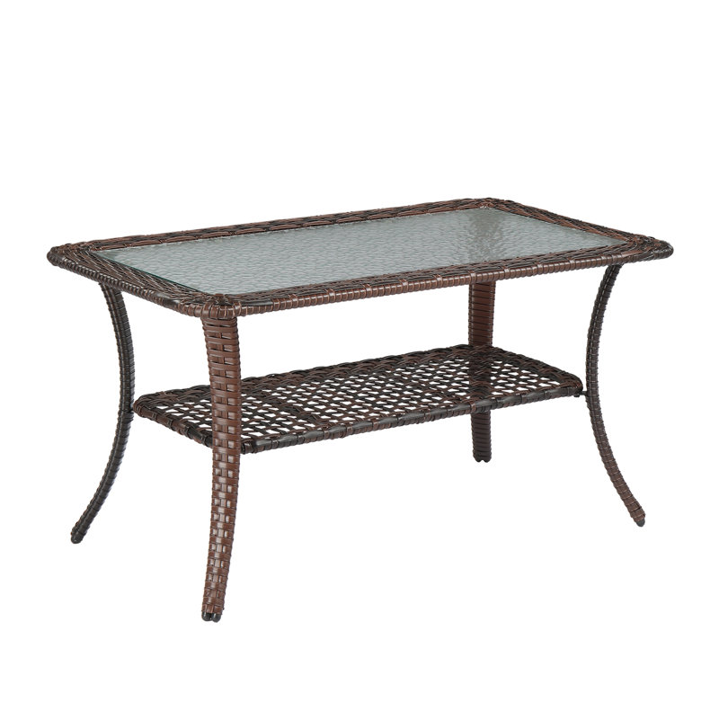 Patio Wicker Coffee Table With Glass Top, Brown