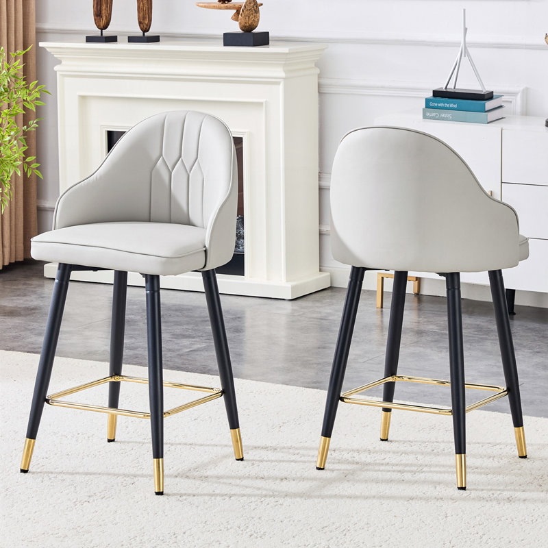 Light Gray PU Leather Bar Stools with Gold Accent Footrest, Set of 2