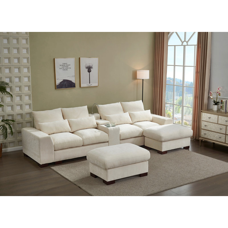 Canapé modulaire moderne avec console, port de charge USB, lampe de lecture, porte-gobelet, Beige