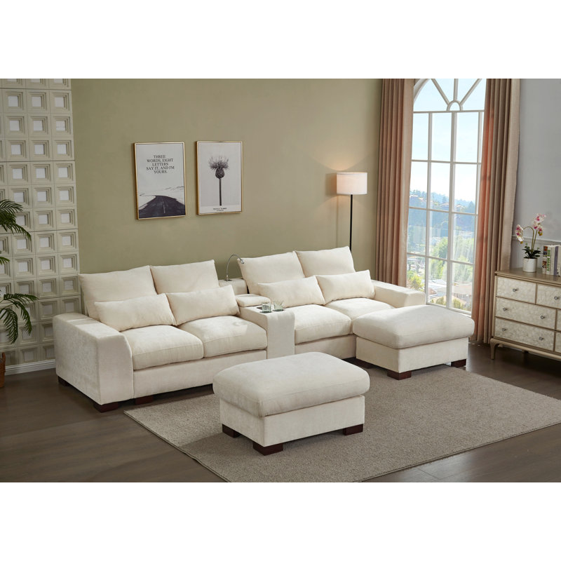Modern Sectional Sofa Couch With Console,Usb Charging Port,Reading Light,Cup Holder, Beige