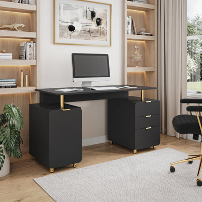 Elegant Executive Desk with Gold Accents, 3 Drawers, and Cabinet with Adjustable Shelf and Ventilation, Modern Office Desk with Storage & Floating Work Surface,  & Gold