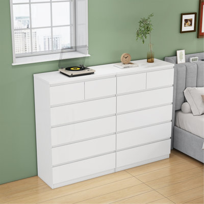 2+4 Drawer White Dresser, Modern Handle-Free Storage Chest with 2 Small Drawers & 4 Large Drawers, Minimalist Drawer Cabinet, Easy Assembly Storage Furniture for Bedroom Living Room