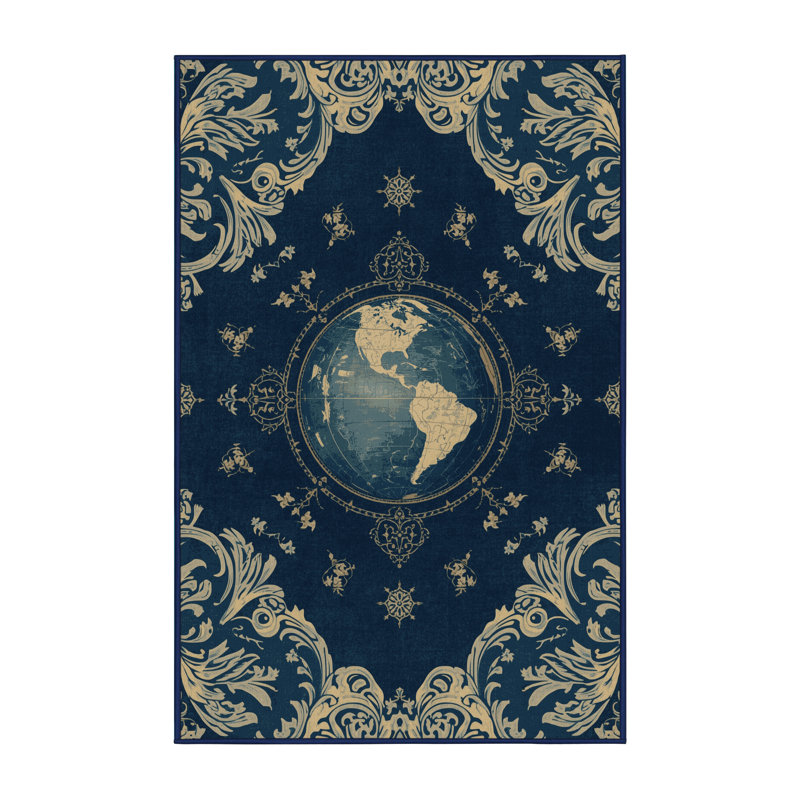 Tapis floral bleu lavable à la machine Botkins, 2 x 5