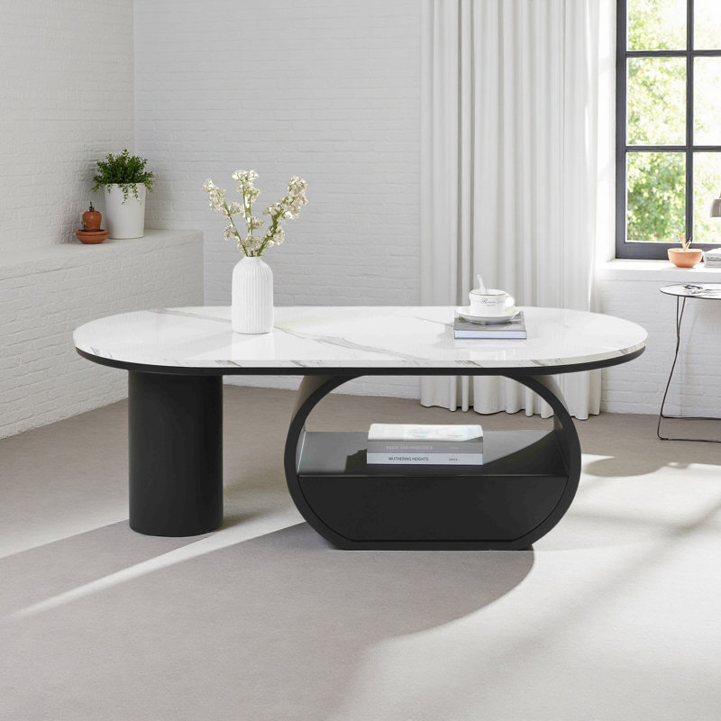 Table basse ovale de luxe moderne, table basse de 47,24 po avec tiroir de rangement, plateau en faux marbre, table centrale en métal pour le salon