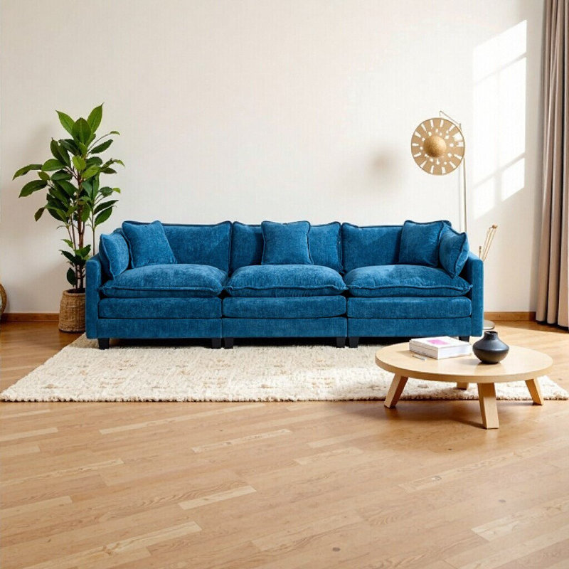 Canapé Cloud 3 places - Canapé modulaire en chenille bleu moderne pour le salon, design américain douillet et élégant, Bleu