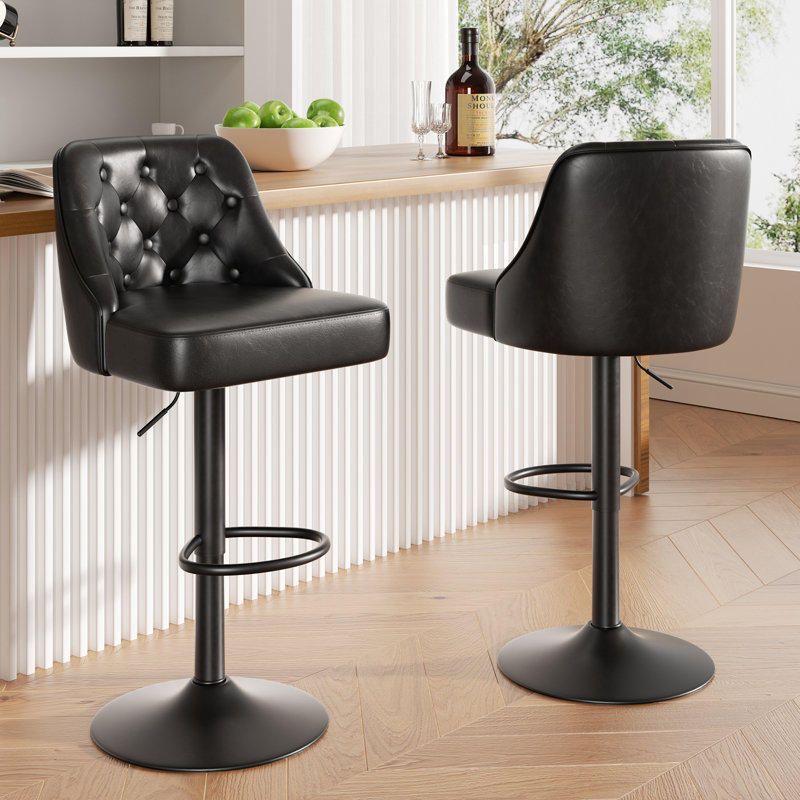 Tabouret de bar rotatif à 360 degrés en faux cuir avec coutures à boutons, Noir
