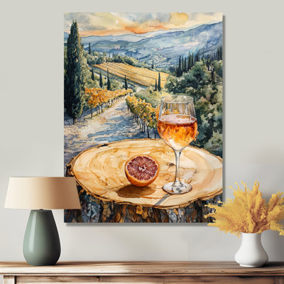 Pamplemousse avec verre de vin dans un vignoble paysage IV - art mural en métal Vineyard pour le salon