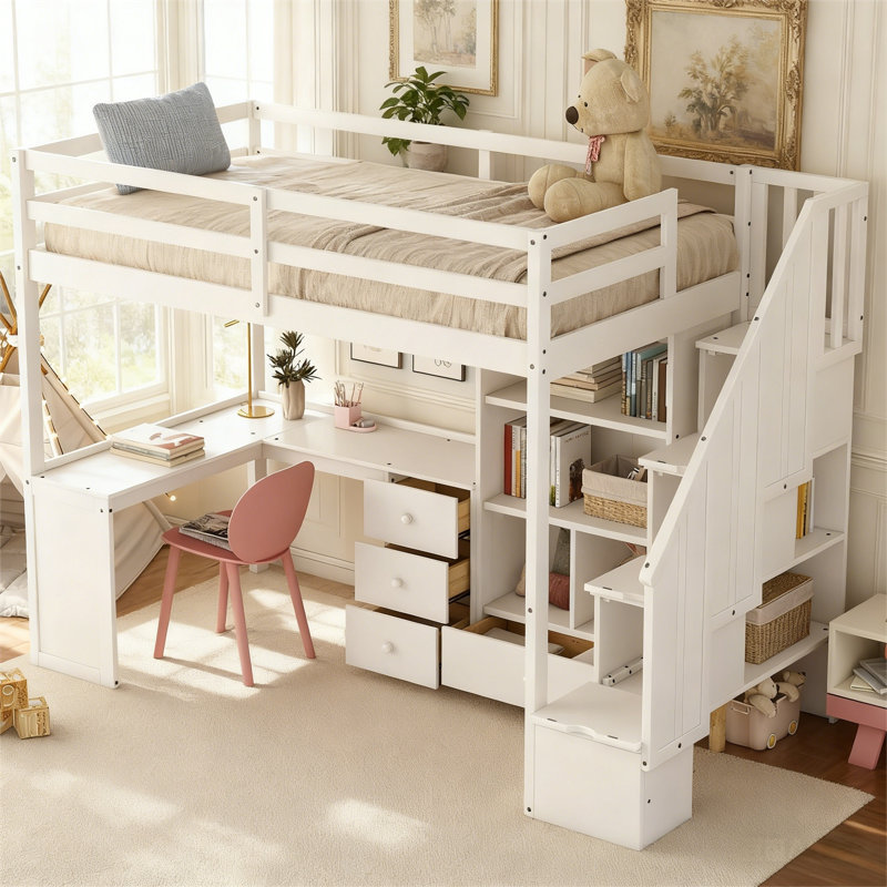 Lit mezzanine simple avec poste de travail en L de qualité supérieure et escalier de rangement, Blanc