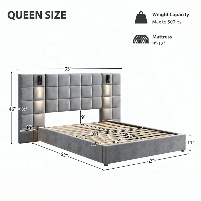 wide headboard Upholstered bed with reading lamp and USB port, Queen