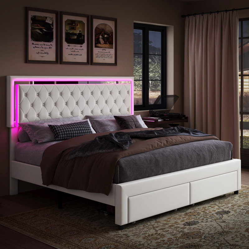 Chantaya Upholstered Platform Storage Bed, King, White