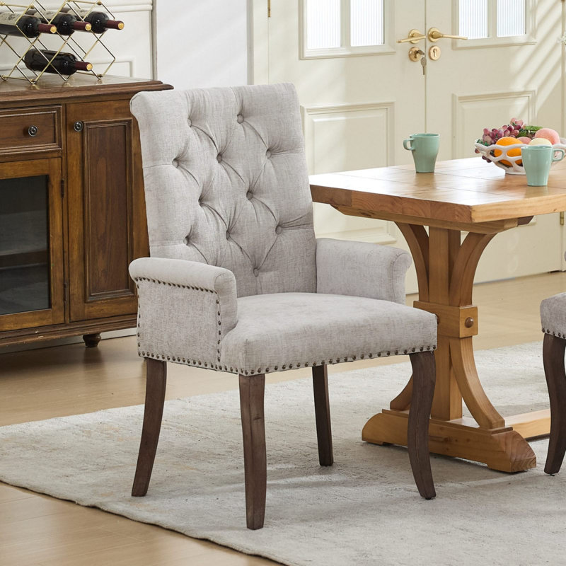 Upholstered Chenille Fabric Accent Dining Chair, Curved Solid Wood Legs, Elegant Tufted Club Dining Room Kitchen Room Arm Dining Chair, Single Pack,Beige,SW1895BG
