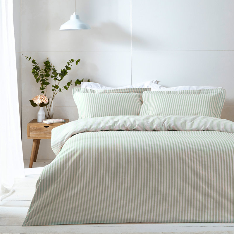 Hebden Mélange Stripe 100% Cotton Duvet Cover Set, Single Duvet Cover + 1 Standard Pillowcase, White/Green