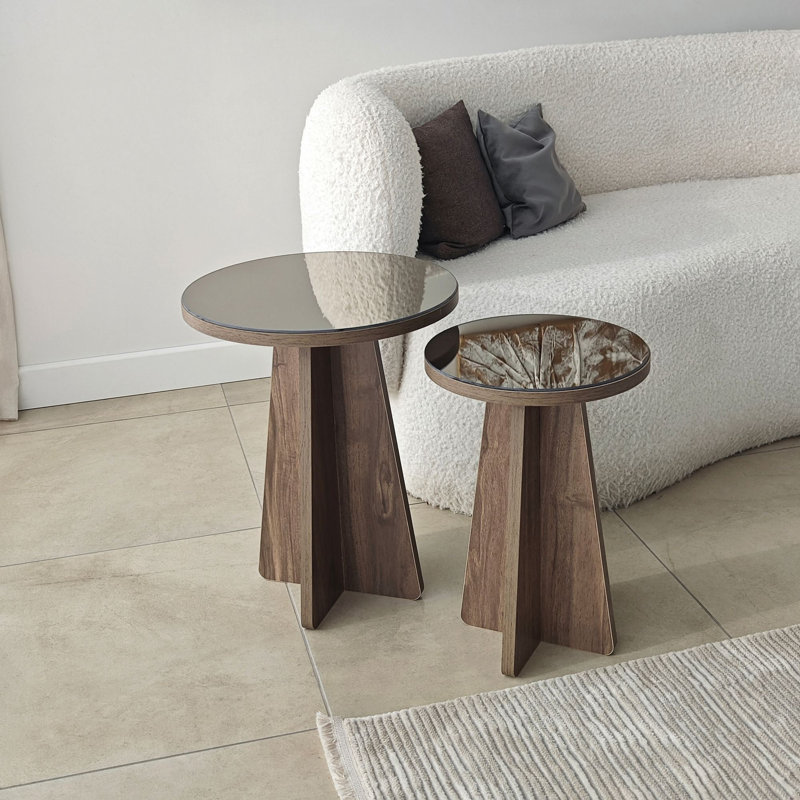 Modern Side Table Set (2 Pieces), Bronze & Walnut, 15.7 x 19.7 x 15.7 inches & 11.8 x 17.7 x 11.8 inches | 100% Melamine Coated Chipboard, PVC Edgebands | Stylish & Functional for Living Room or Bedroom