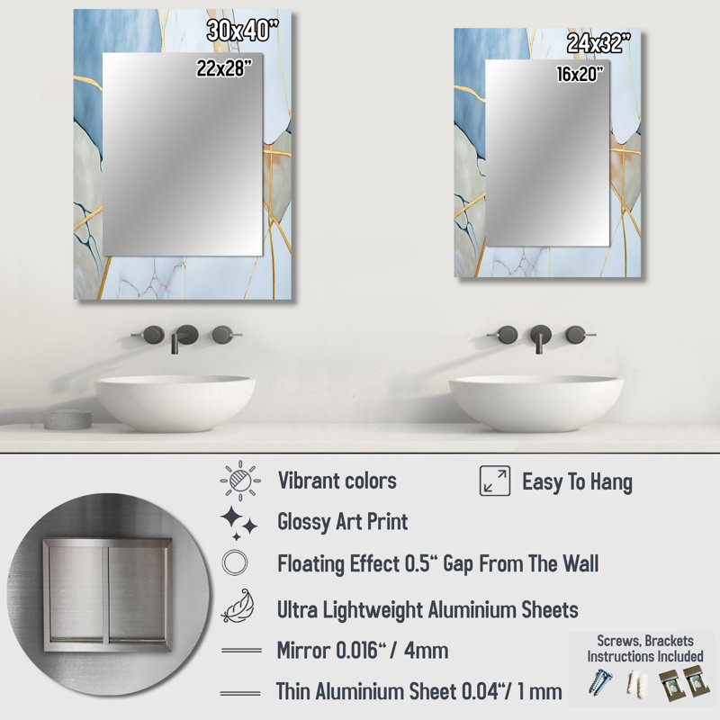Abstract Geode White I - Marble Wall Mirror, White Decorative Mirror, Printed Metal Art, 40" x 30"