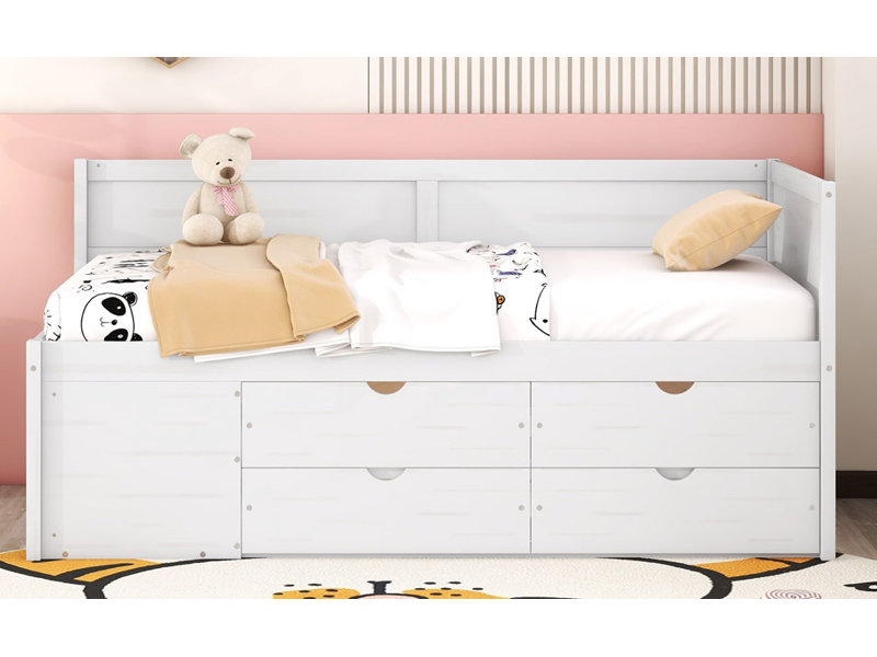 Lit de jour en bois avec tiroirs et tablettes ouvertes Barrin, Lit simple, Blanc