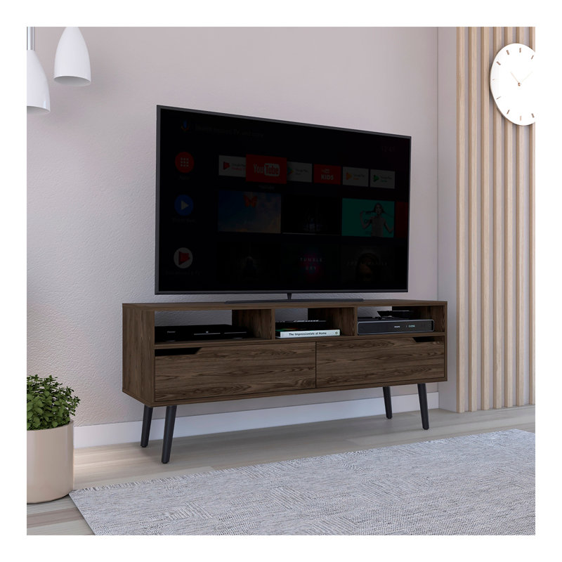 Meuble télé pour télé Bull's 52 po, trois tablettes ouvertes, deux tiroirs flexibles, finition noyer foncé