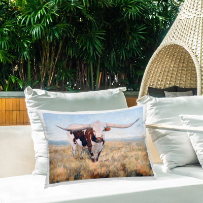 Rustic Longhorn Portrait Outdoor Printed Pillow by Kathy Winkler