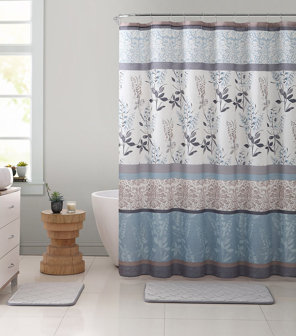 Blue Polyester Shower Curtain - 72'' H x 70'' W Floral Bordered Damask by Lark Manor, image size:1000x1135