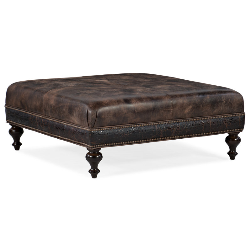 Upholstered Ottoman, Cobblestone , Outsider Raven Genuine Leather, No Nailhead