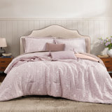 Comforter Set - 7 Pieces Pink Floral Bedding Sets for All Seasons, Shabby Chic Farmhouse Bed in a Bag Queen with Wildflowers Fluffy Comforter, Sheets, Pillowcases & Shams