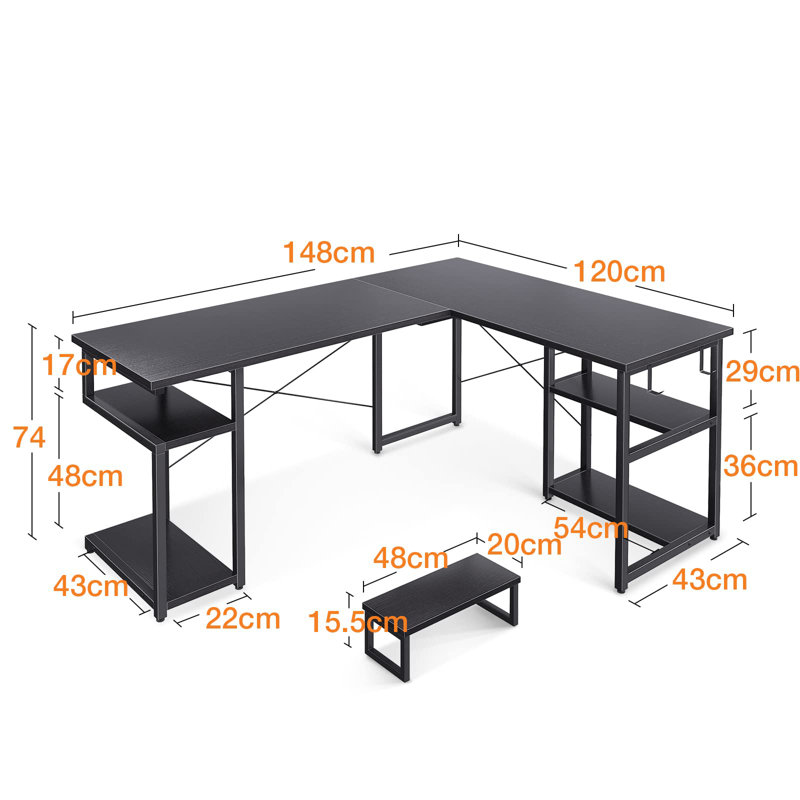 Filiberta Corner Desk 148 x 120 cm – with Double Shelves & Hooks, Black