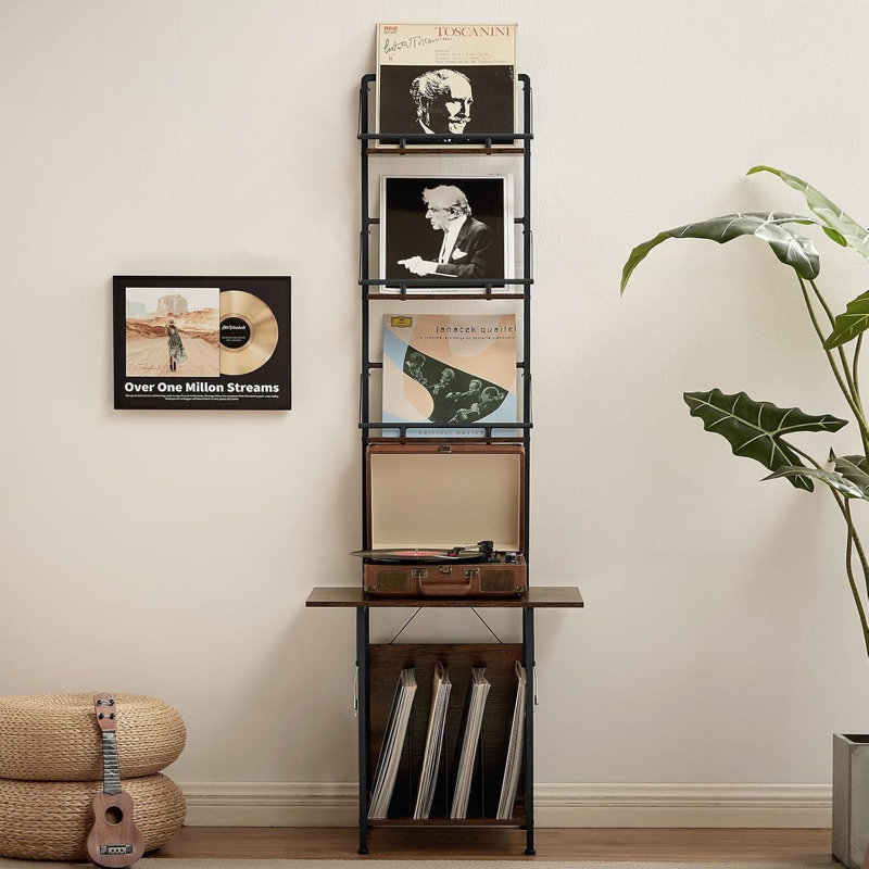 Grand support pour tourne-disque avec rangement en vinyle, table tournante avec porte-disque et étagère de présentation pour les mélomanes