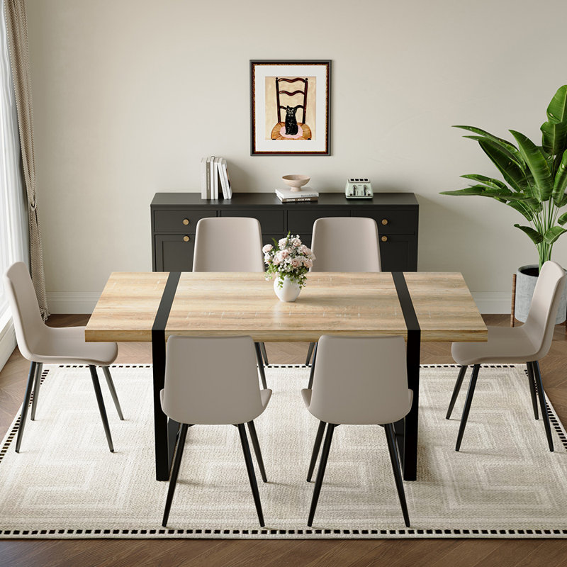 71" Modern Rectangular Dining Table Set, 7, Black/Gray