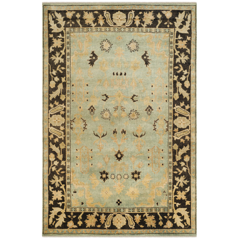 Oushak Hand-Knotted Wool Light Blue/Brown Area Rug, Rectangle 4' x 6'