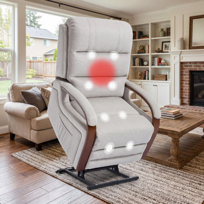Fauteuil releveur électrique beige avec fonction massage et chauffage, un moteur, tissu chenille, ports de chargement USB et Type-C, porte-gobelets intégrés, poches de rangement latérales