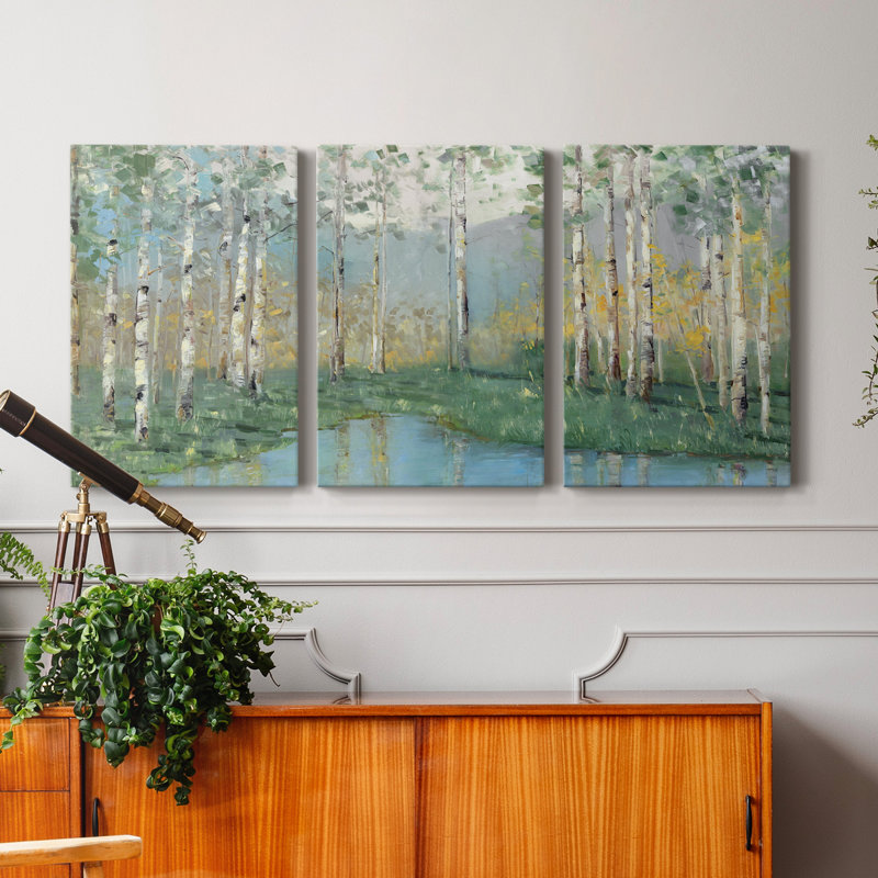 Birch River Reflections - Ensemble de 3 peintures sur toile tendue, H 36 po x l 72 po x P 1,5 po