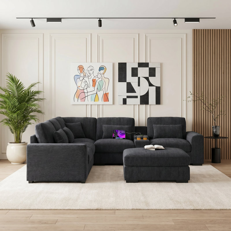 Canapé modulaire en forme de L 124,5 po avec chargement USB et porte-gobelets, DARKGRAY