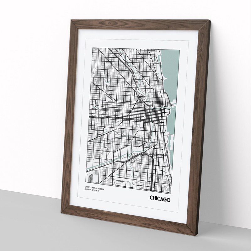 Map Chicago USA - Picture Frame Graphic Art, 36cm H x 27cm W x 2cm D, Walnut Framed