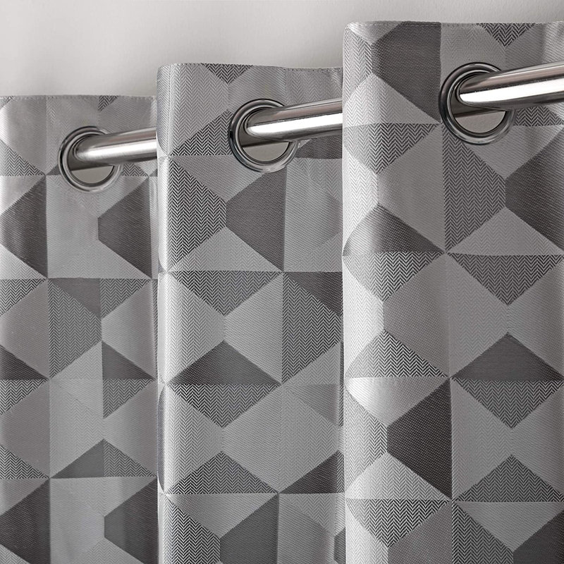Stamper Semi Sheer Curtain Pair, 117 W x 183 D cm, Silver/Charcoal